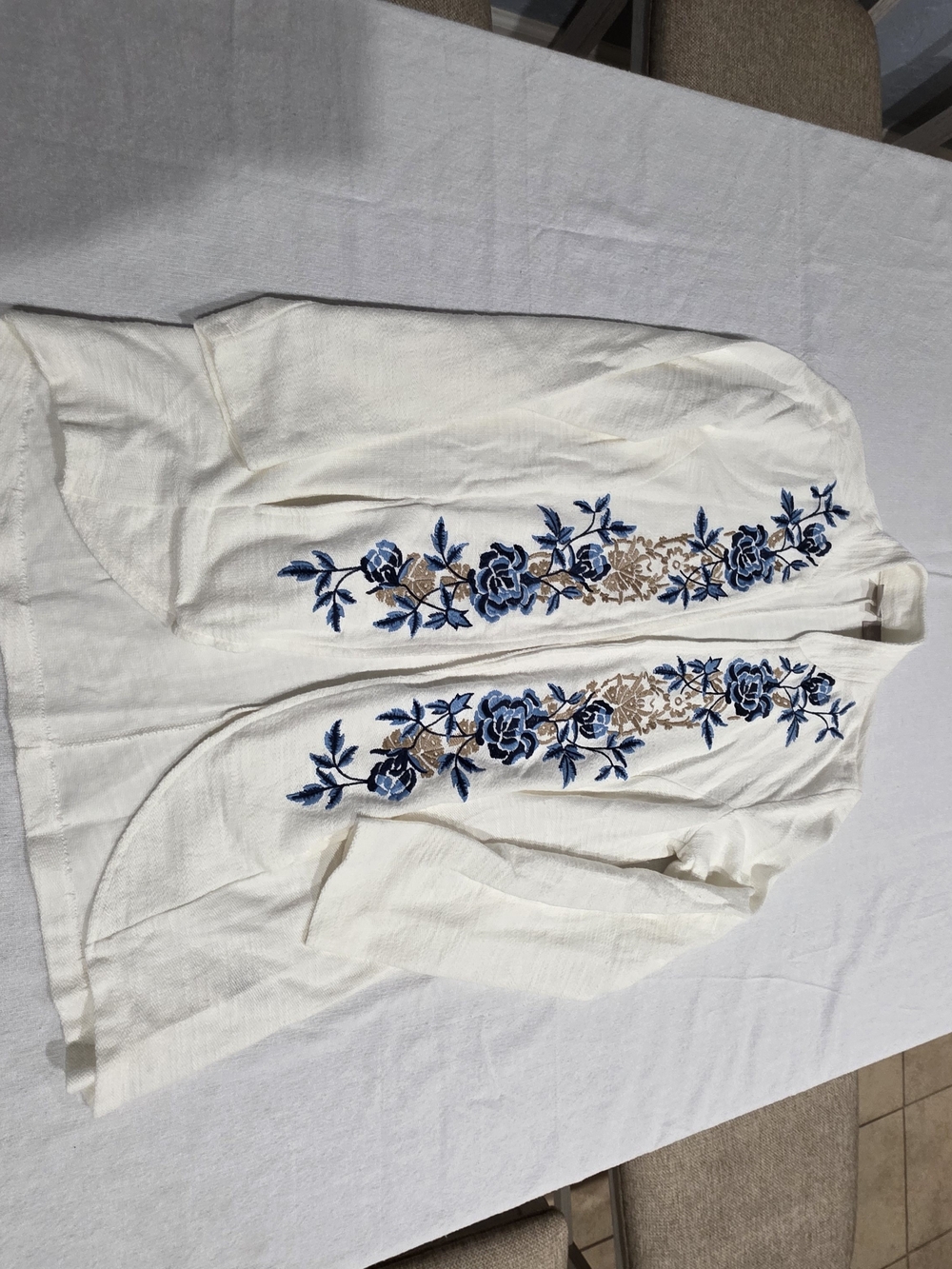 Chico's Cream Open-Front Cardigan with Blue Floral Embroidery